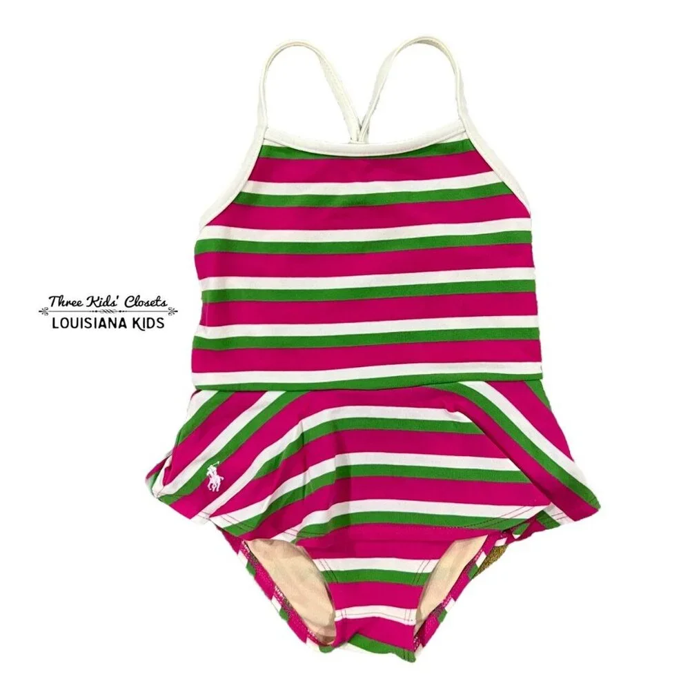 Ralph Lauren 24m Pink & Green Striped Ruffle Swim Bathing Suit